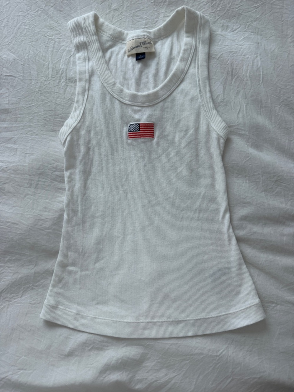 Universal Thread White Ribbed Tank with Flag Patch